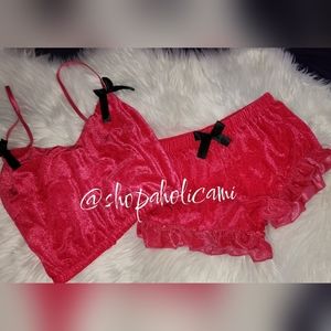 NEW 2 pc Romper Pj set Hot Pink Red Velvety Satin HOLIDAY PERFECT